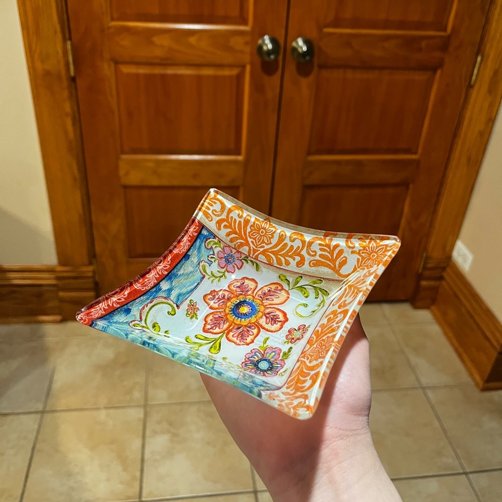 Colorful Square Floral Glass Dish